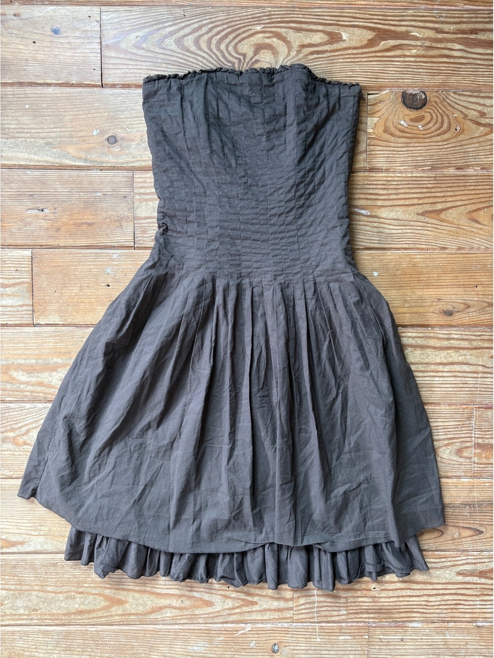 Vero Moda Pernille Tube Dress Brown Strapless Cotton Ruffle Hem Size 34 XS
